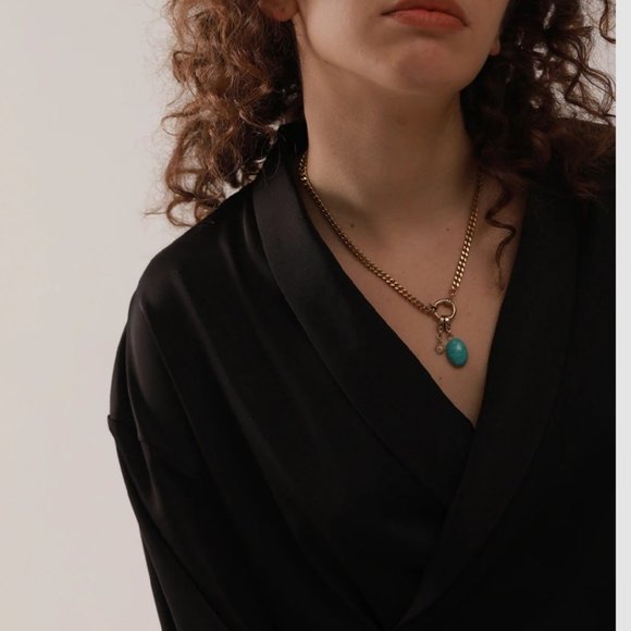 NEW 18K Gold Plated Oval Turquoise Circle Link Chain Necklace - Picture 2 of 7